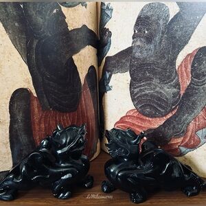 Vintage Volcanic Black Stone Foo Dogs | Feng Shui Wealth Guardians |